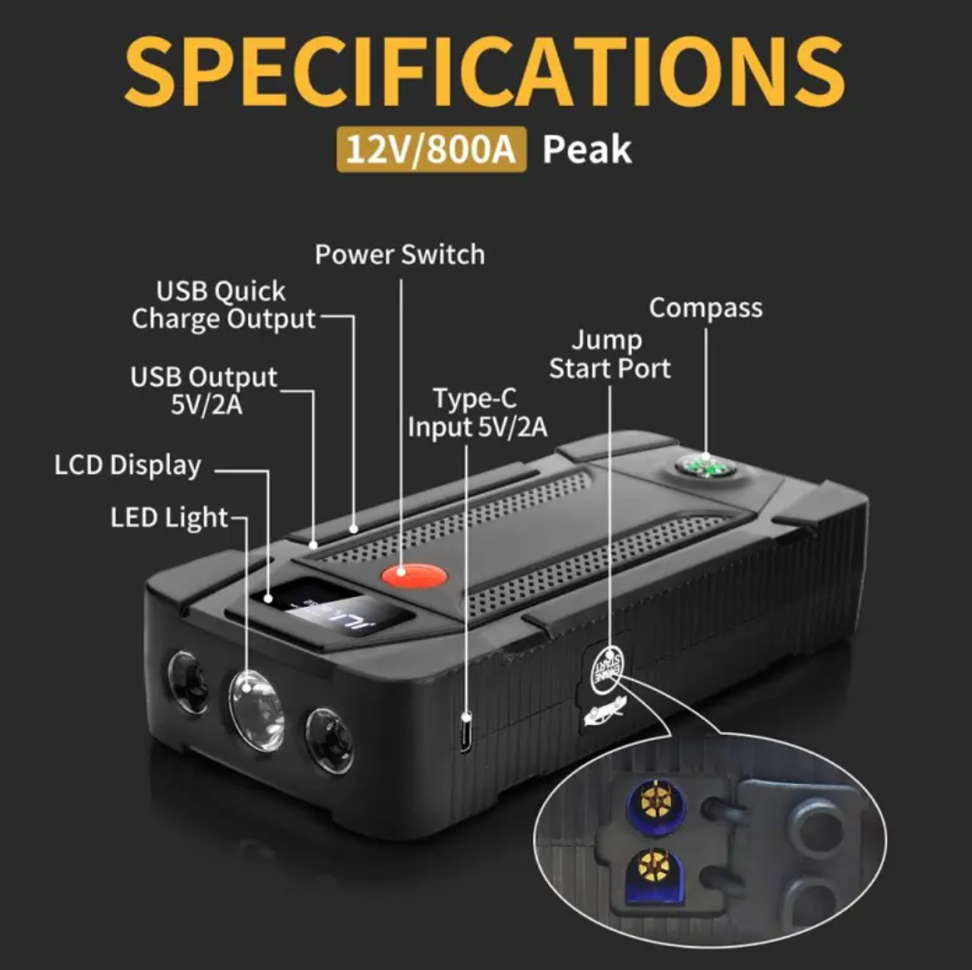 LCD Car Jump Starter & Emergency Power Bank